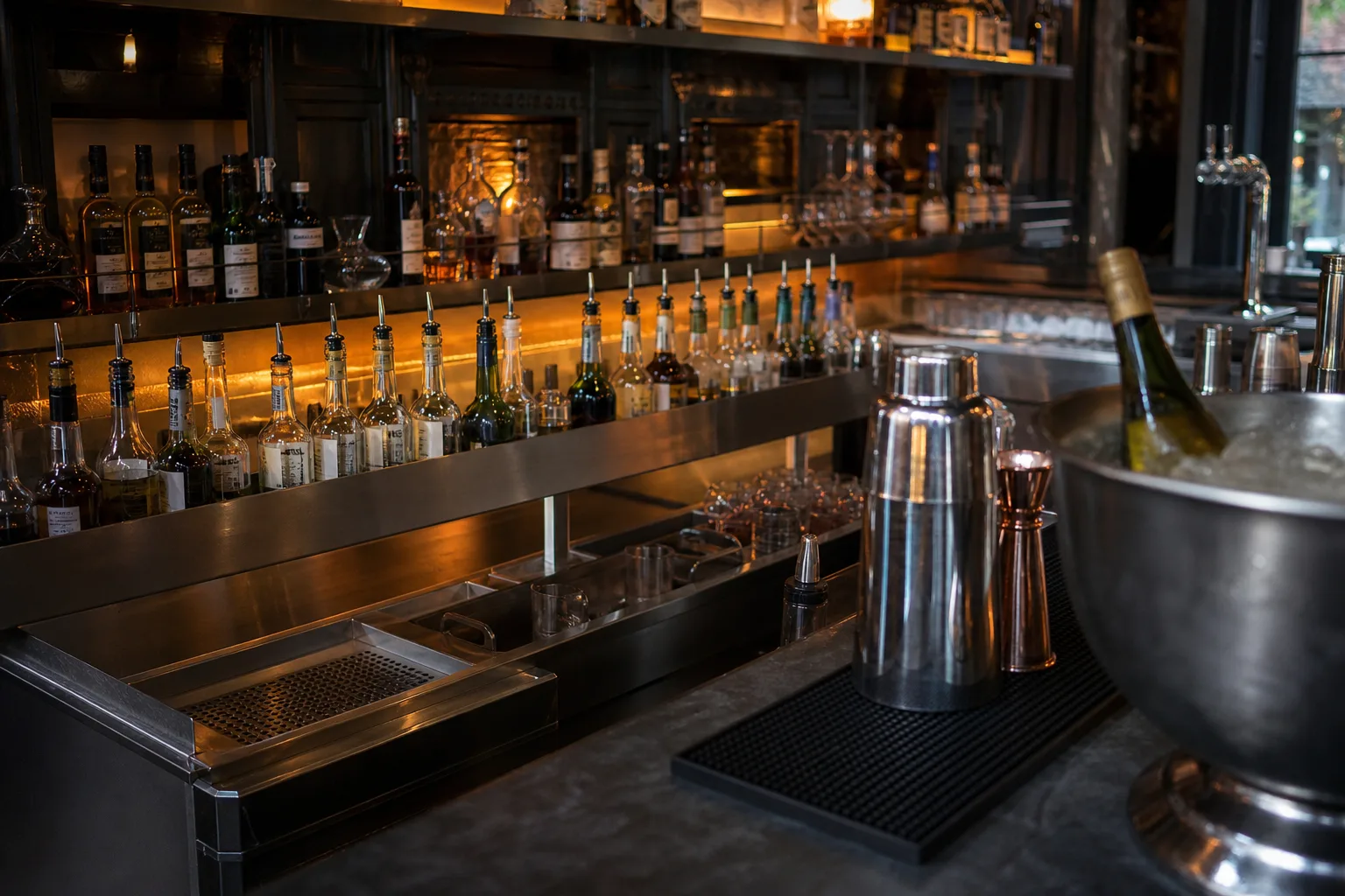 Bardisk i restaurang med speedrack av rostfritt stål, shaker och jigger på barmatta och vinkylare med flaska i förgrunden