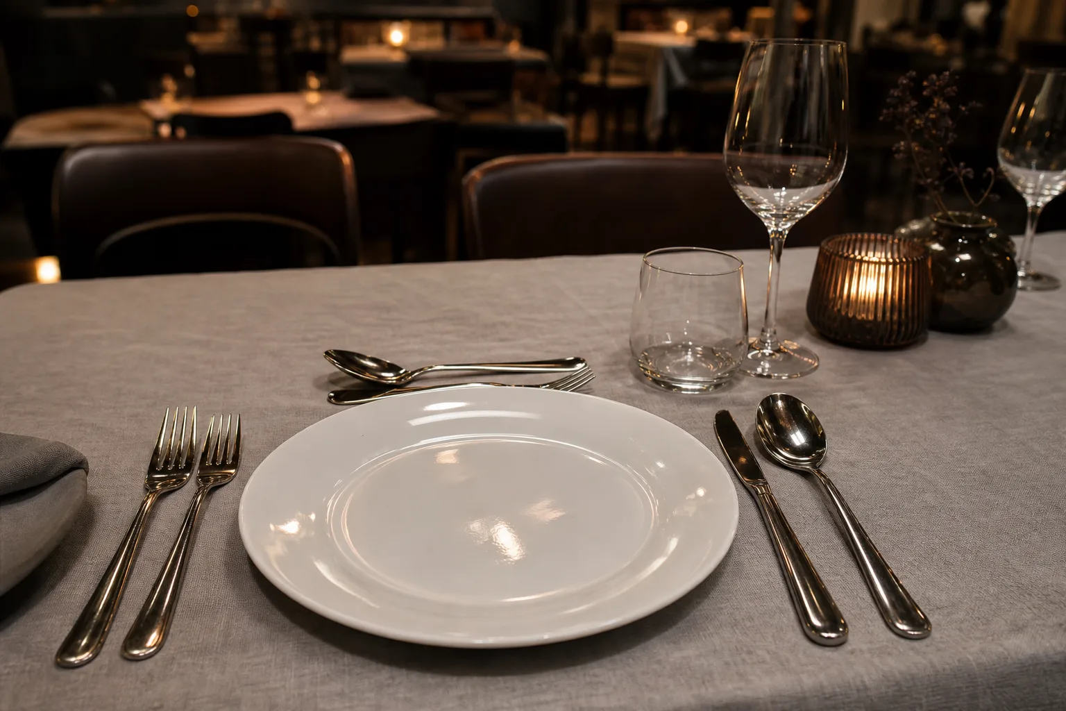 Dukat restaurangbord med kniv, gaffel, matsked och dessertbestick i blankt rostfritt stål placerade runt en vit tallrik