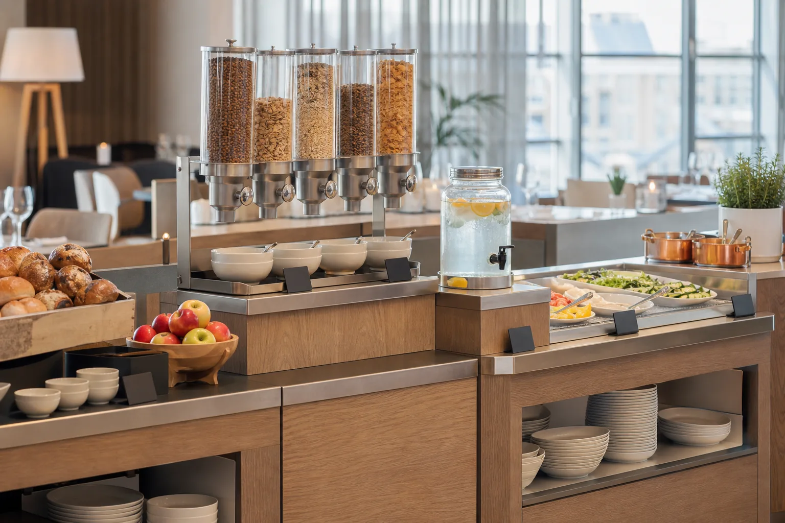 Frukostbuffé i ek och rostfritt stål med müslidispenser, dryckesdispenser, kylda fat och små skyltar framför varje rätt