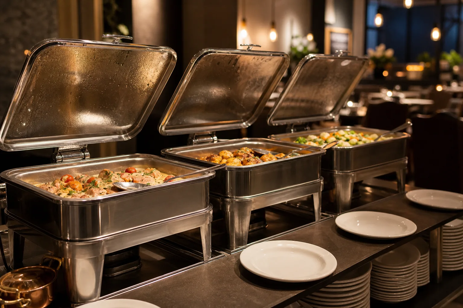 Buffébord med tre chafing dishes i rostfritt stål, uppfällda lock och varmrätter i GN-kantiner