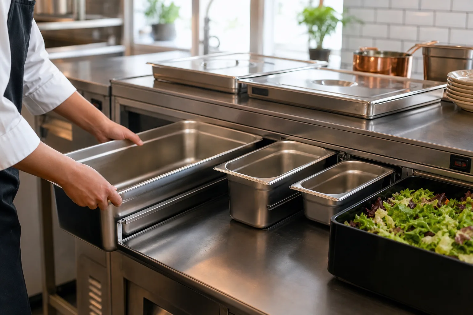 Rostfria GN-kantiner i olika storlekar staplade och nedsatta i en kylbänk i ett restaurangkök