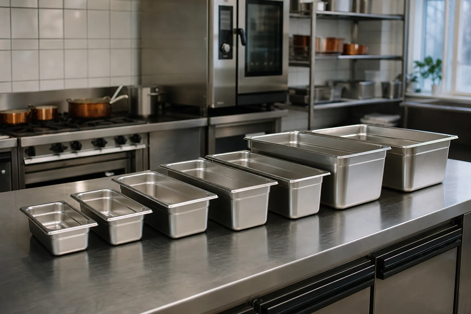 Gastronormkantiner i flera storlekar, från den lilla GN 1/9 till den stora GN 1/1, uppställda i rad på ett rostfritt köksbord.