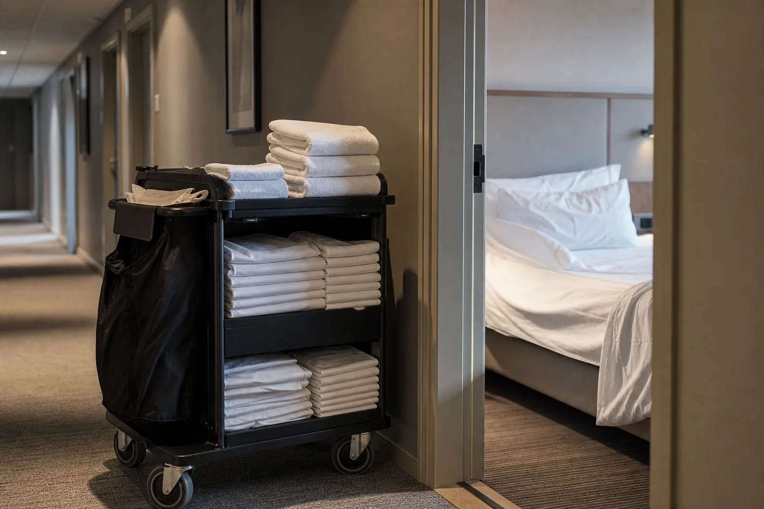 Städvagn i hotellkorridor med staplade vita lakan och vikta vita frottéhanddukar utanför ett gästrum som bäddas om