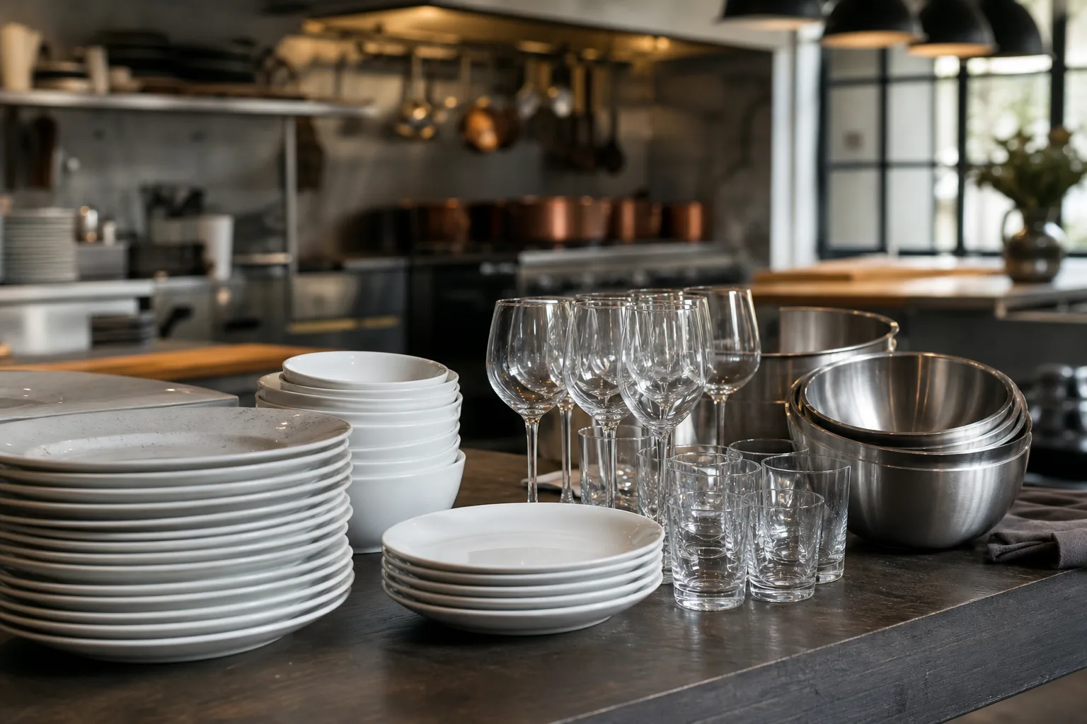 Porslinstallrikar, glas och rostfria skålar uppställda bredvid varandra på ett köksbord, som exempel på livsmedelsgodkända material.