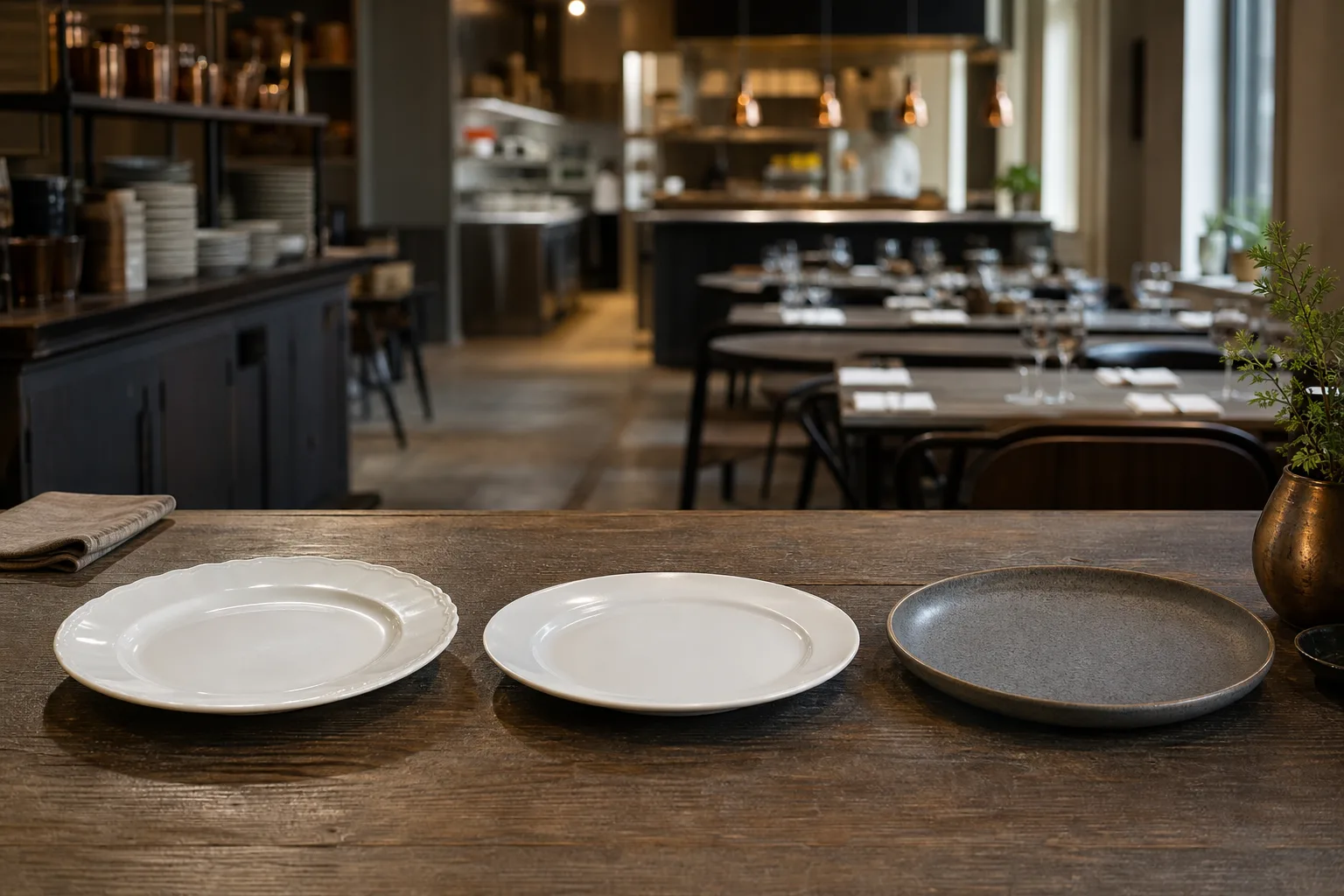 Tre uppdukade tallrikar i olika porslinsmaterial, fältspatporslin, benporslin och stengods, sida vid sida på ett restaurangbord.
