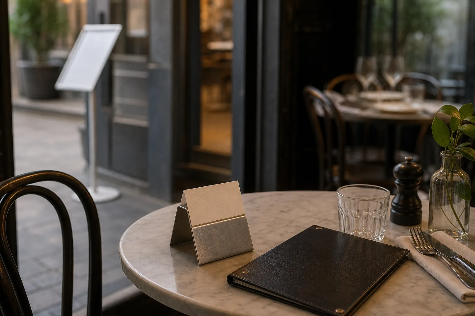 Cafébord med liten bordsryttare i stål och en uppslagen menypärm i konstläder, med ett fristående menyställ vid entrén i bakgrunden