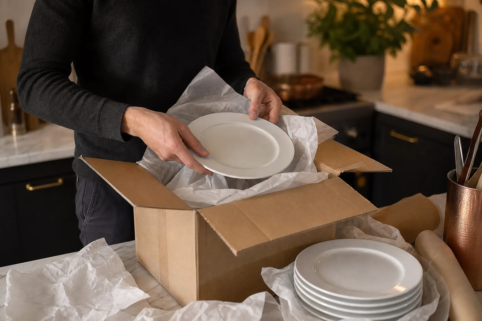 En privatperson packar upp en låda med vita porslinstallrikar i ett hemmakök.