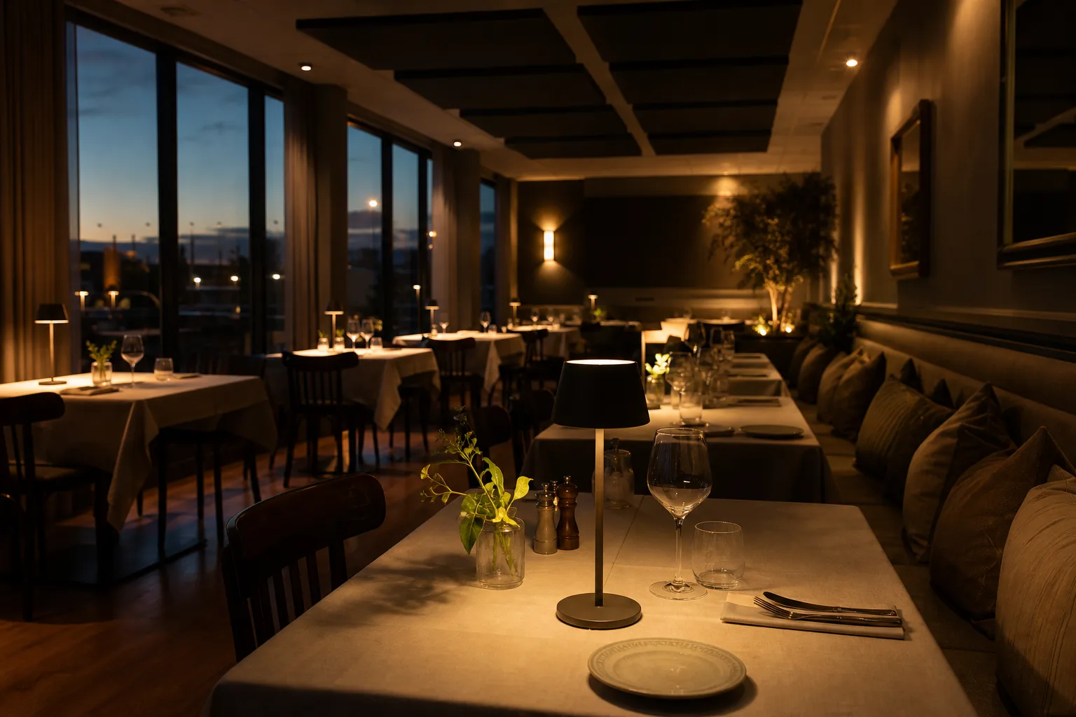 Restaurangmatsal i varmt kvällsljus med små trådlösa bordslampor på borden, ljusabsorberande paneler i taket och en textilklädd bänk längs väggen