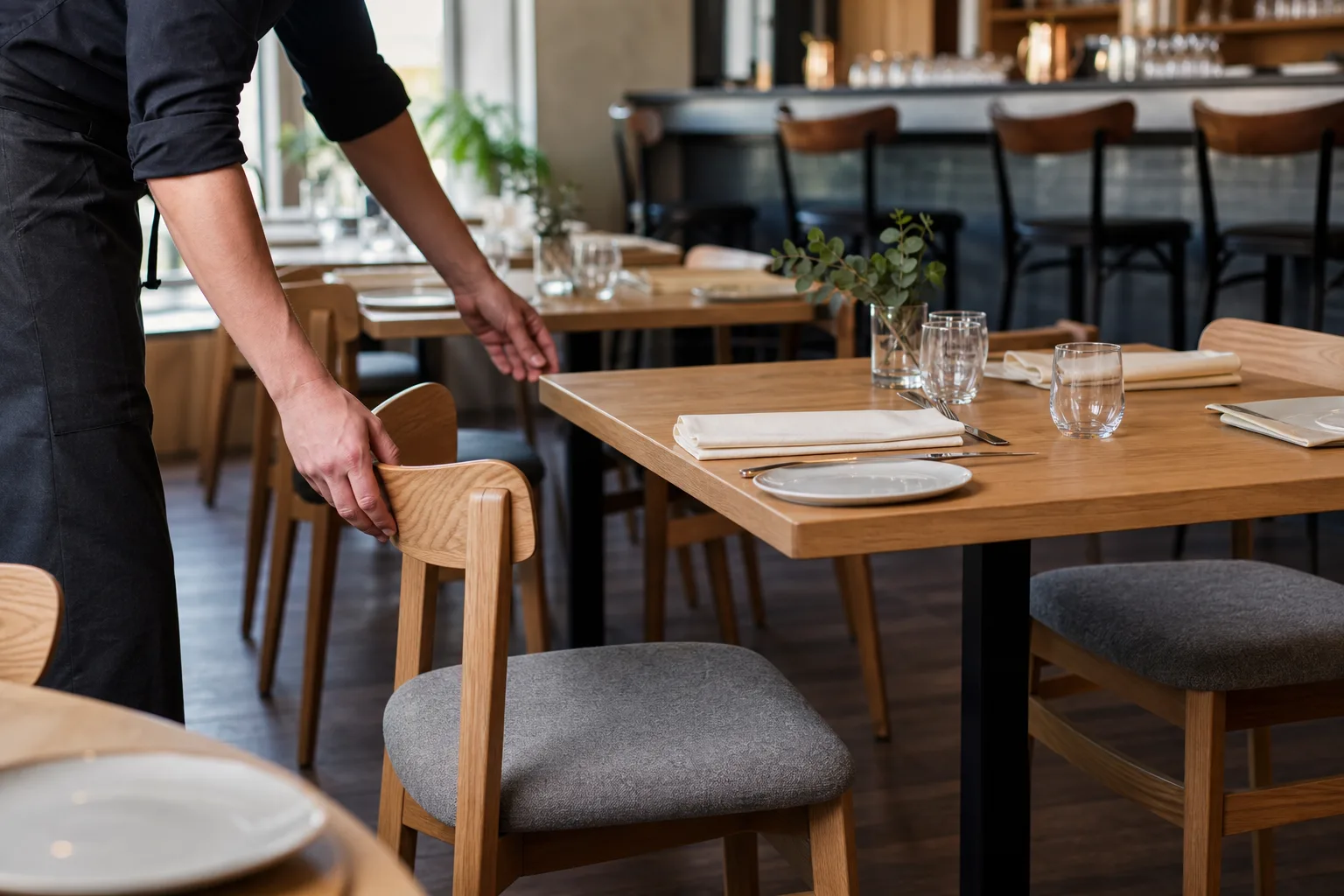 Restaurangmatsal med stapelbara trästolar med tygsits runt kvadratiska ekbord och barstolar vid bardisken i bakgrunden