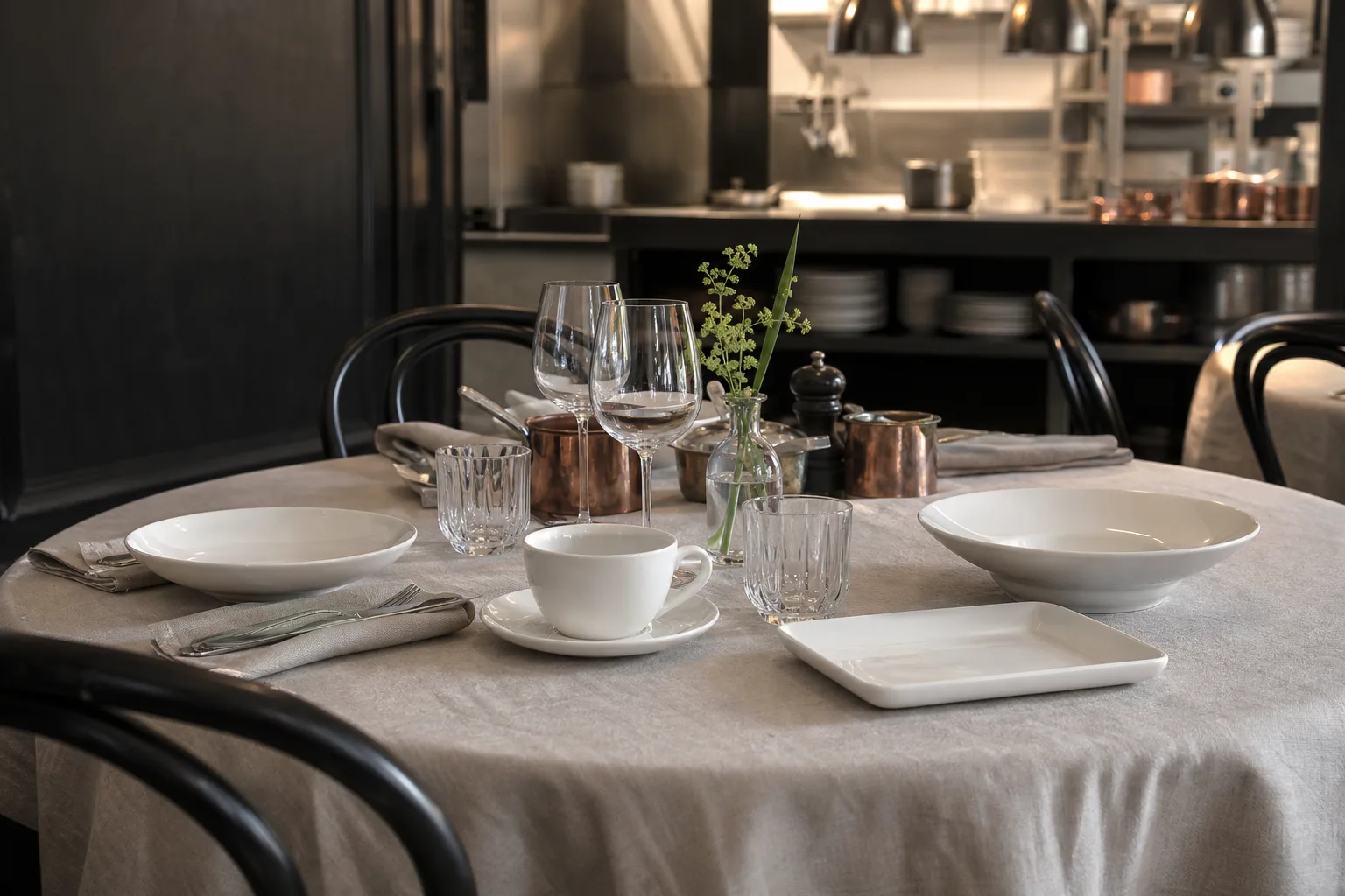 Dukat restaurangbord med vita tallrikar, kaffekoppar och fat ur samma porslinsserie
