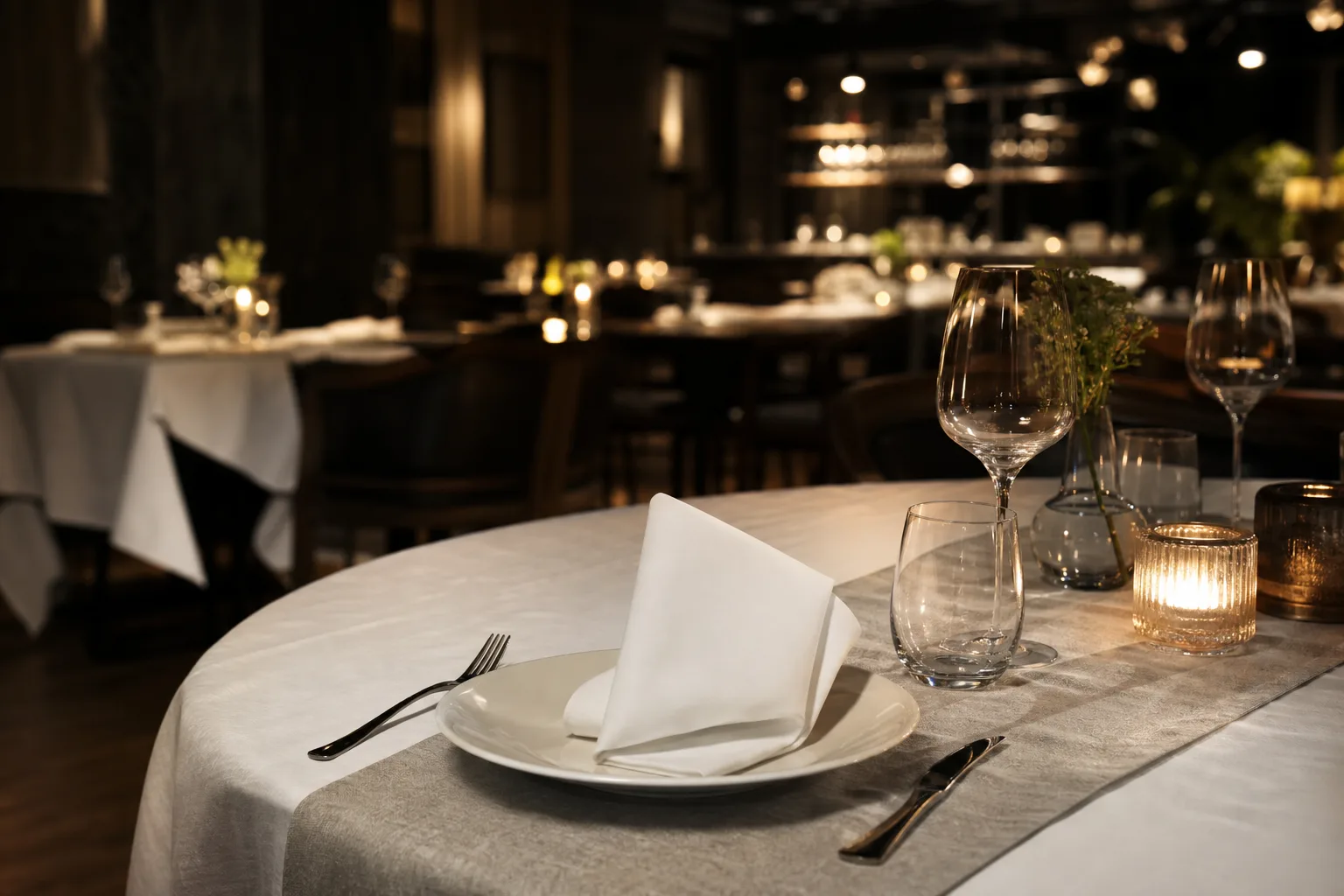 Dukat restaurangbord med vit bomullsduk och vikt tygservett på tallriken
