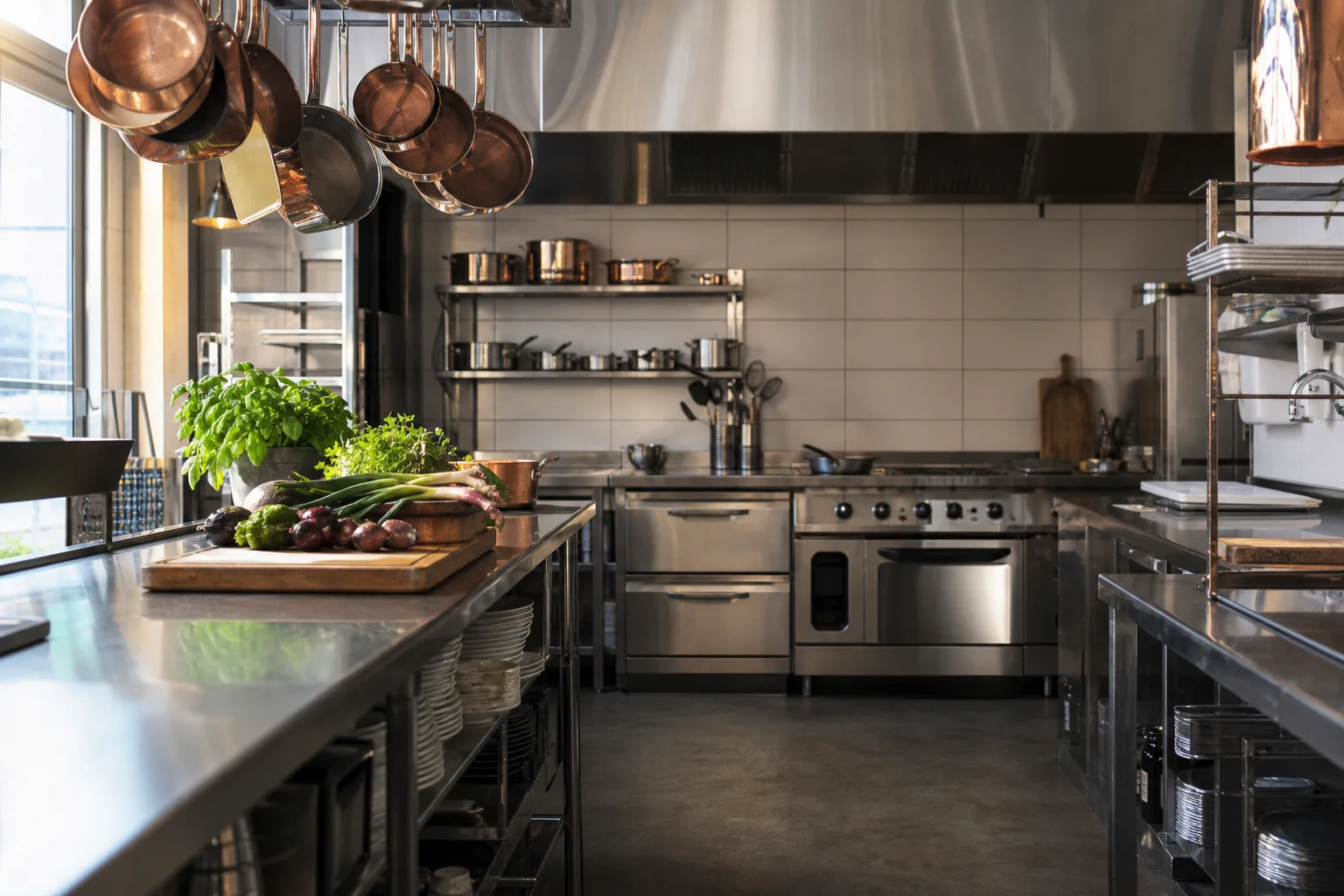 Ett nyinrett restaurangkök med rostfria arbetsbänkar och upphängda kastruller, redo inför de första gästerna.