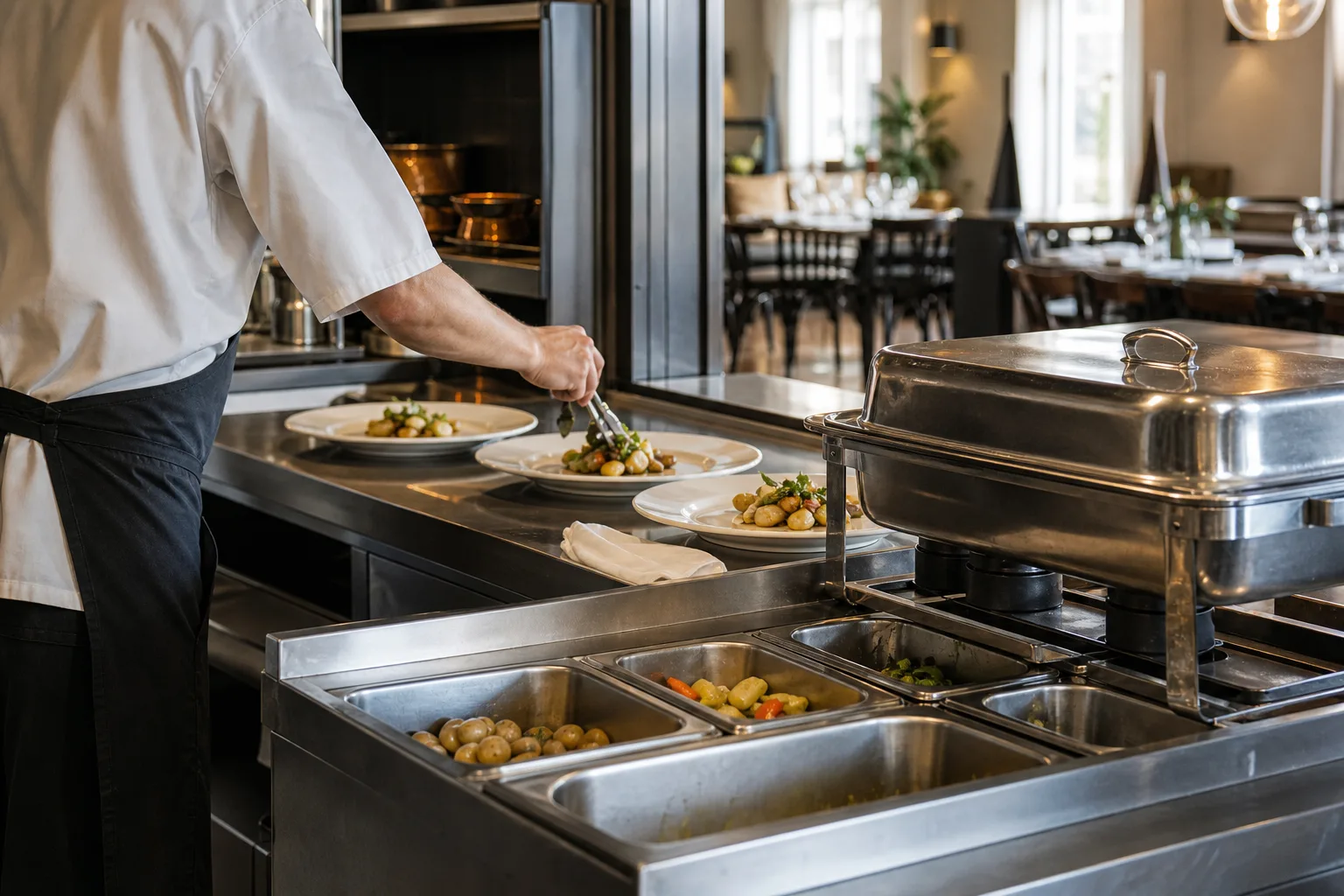 Proffskök under lunchservice med rostfria bänkar, GN-kantiner och uppläggning på vita tallrikar, med matsalen skymtande i bakgrunden.