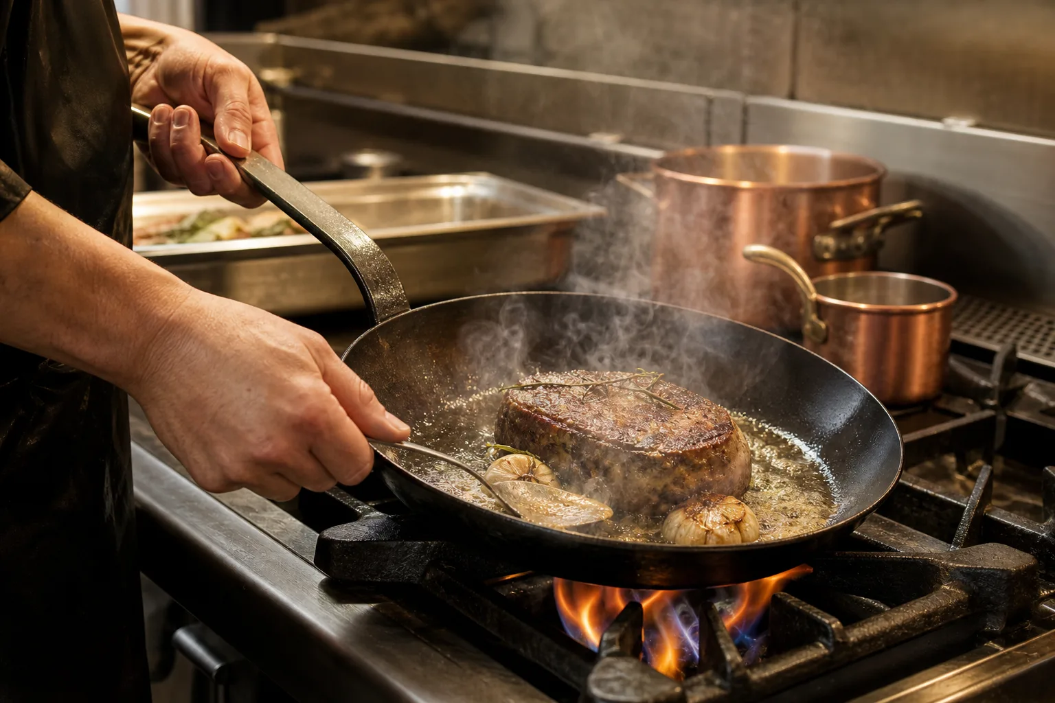 Kock i ett proffskök steker kött i en tung kolstålspanna på en gasspis