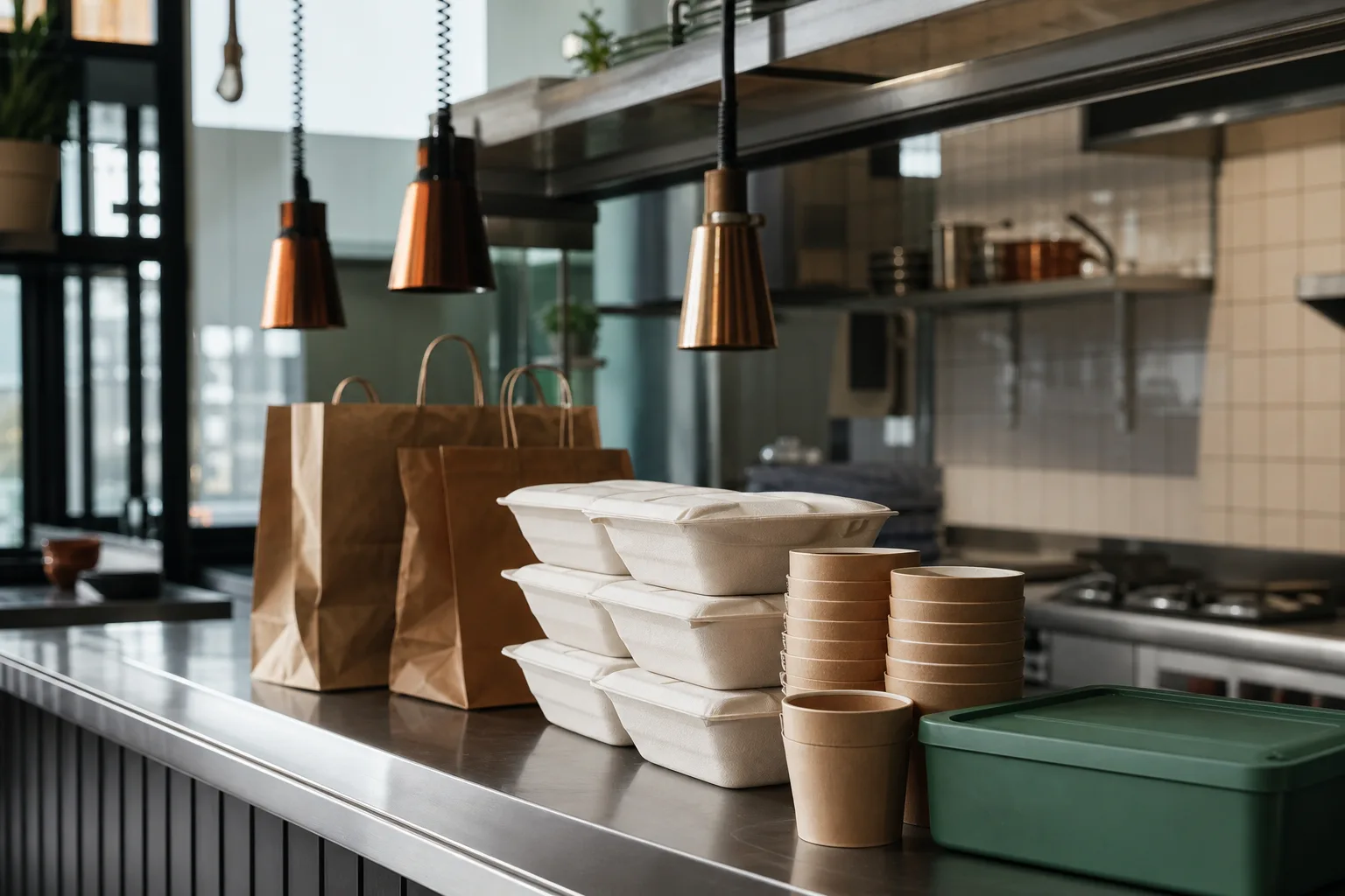 Matlådor i sockerrörsfiber, papperskoppar och en återanvändbar box uppradade vid utlämningsdisken i ett take away-kök