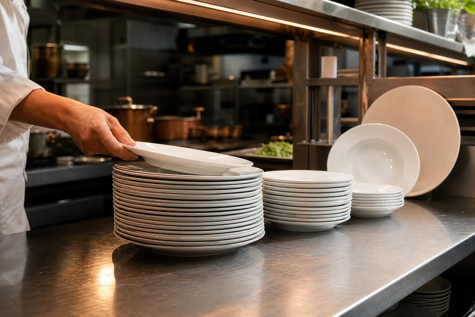 Staplar av vita restaurangtallrikar i olika storlekar på en rostfri bänk vid passet
