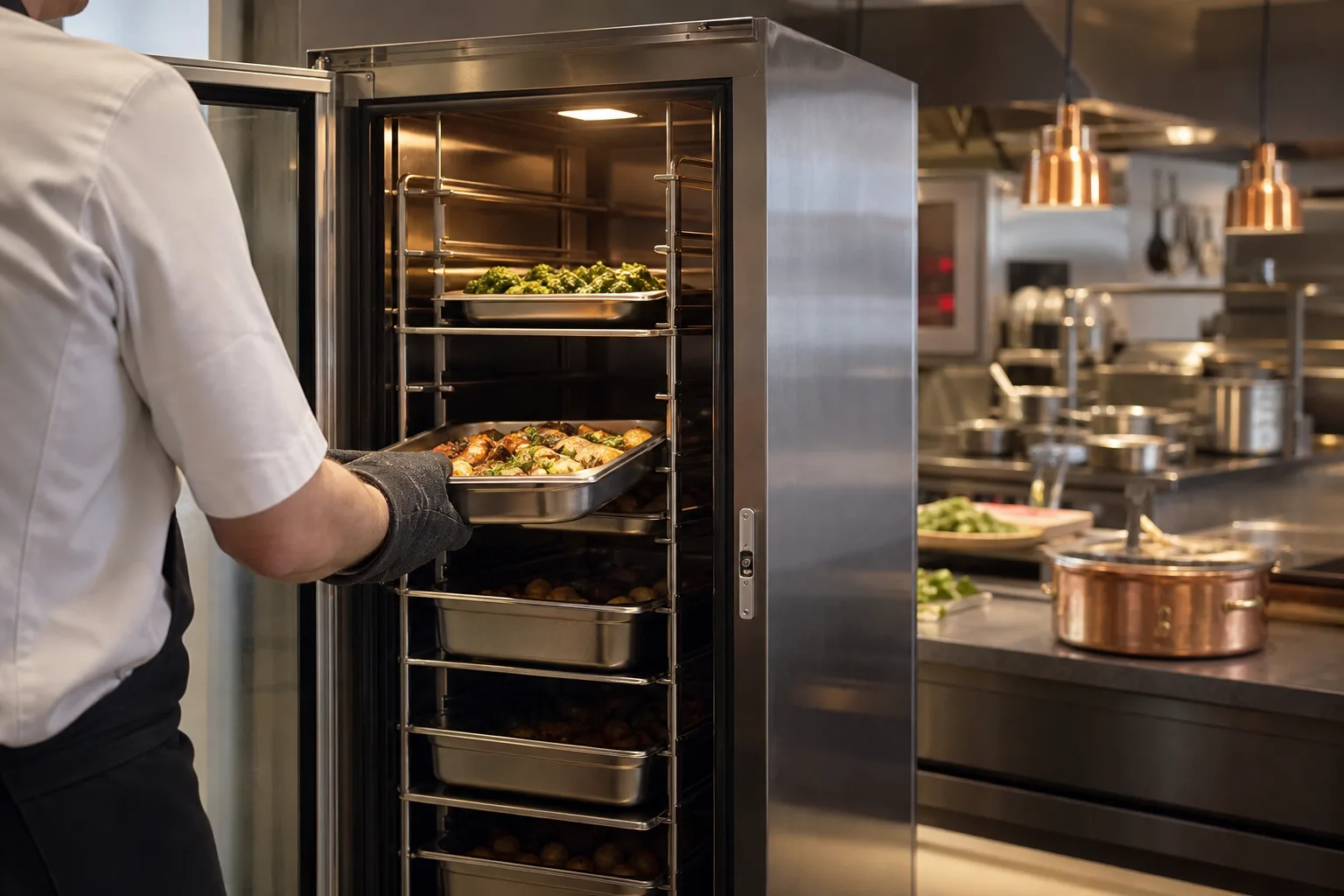 Rostfritt värmeskåp i ett restaurangkök med öppen dörr och GN-kantiner på gejdrarna