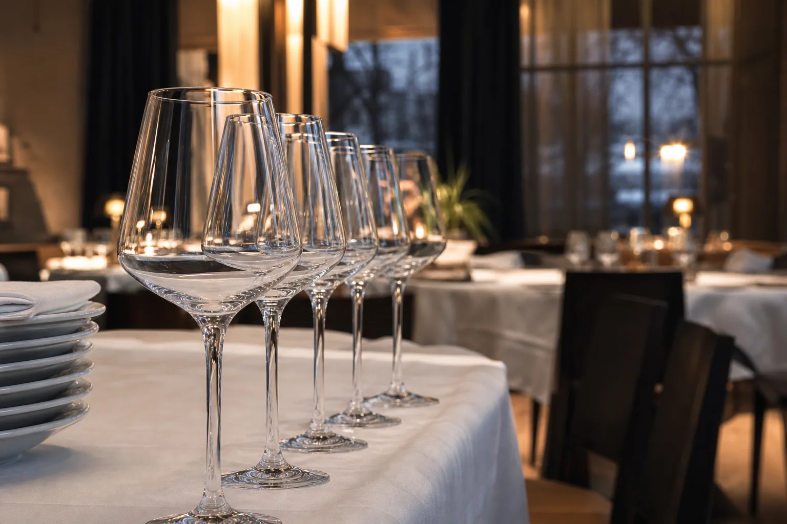 Rad med tomma vinglas på vitt linne i en restaurangmatsal, ett rödvinsglas i förgrunden och dukade bord i mjuk bakgrundsoskärpa